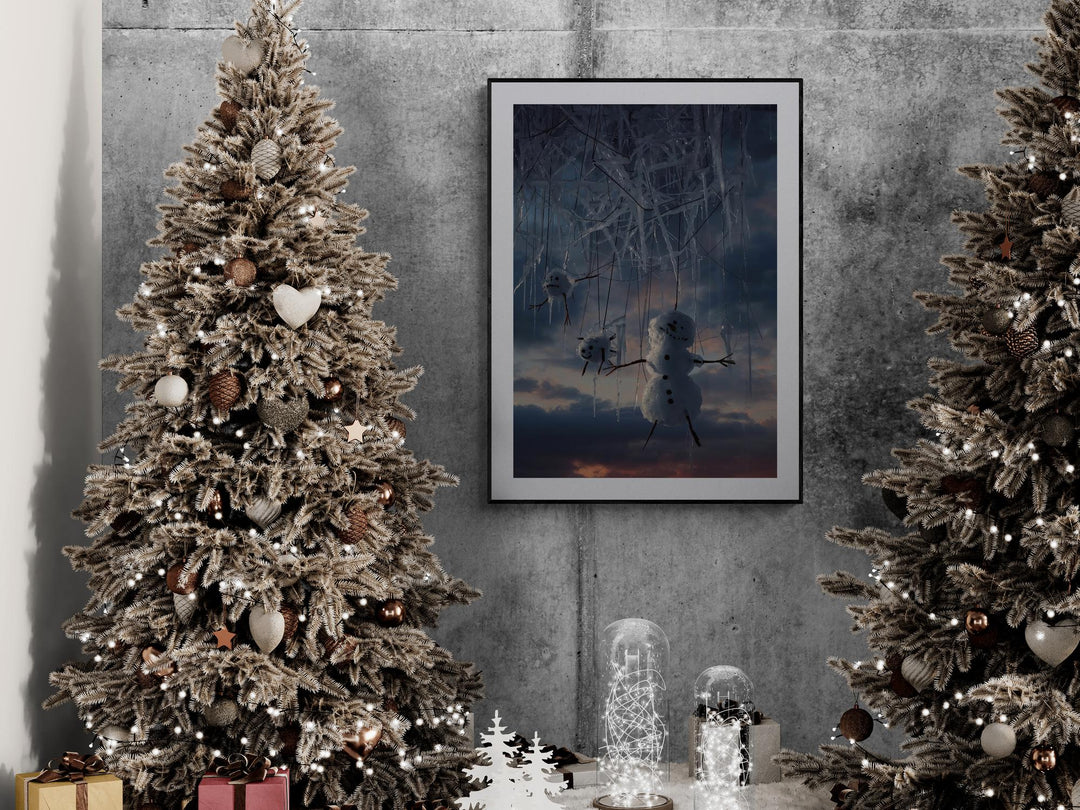 Weirdcore snowman poster with surreal winter marionette scene. Creepy cute holiday wall art for fans of dark whimsical decor.