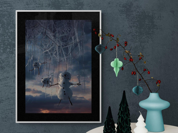 Weirdcore snowman poster with surreal winter marionette scene. Creepy cute holiday wall art for fans of dark whimsical decor.