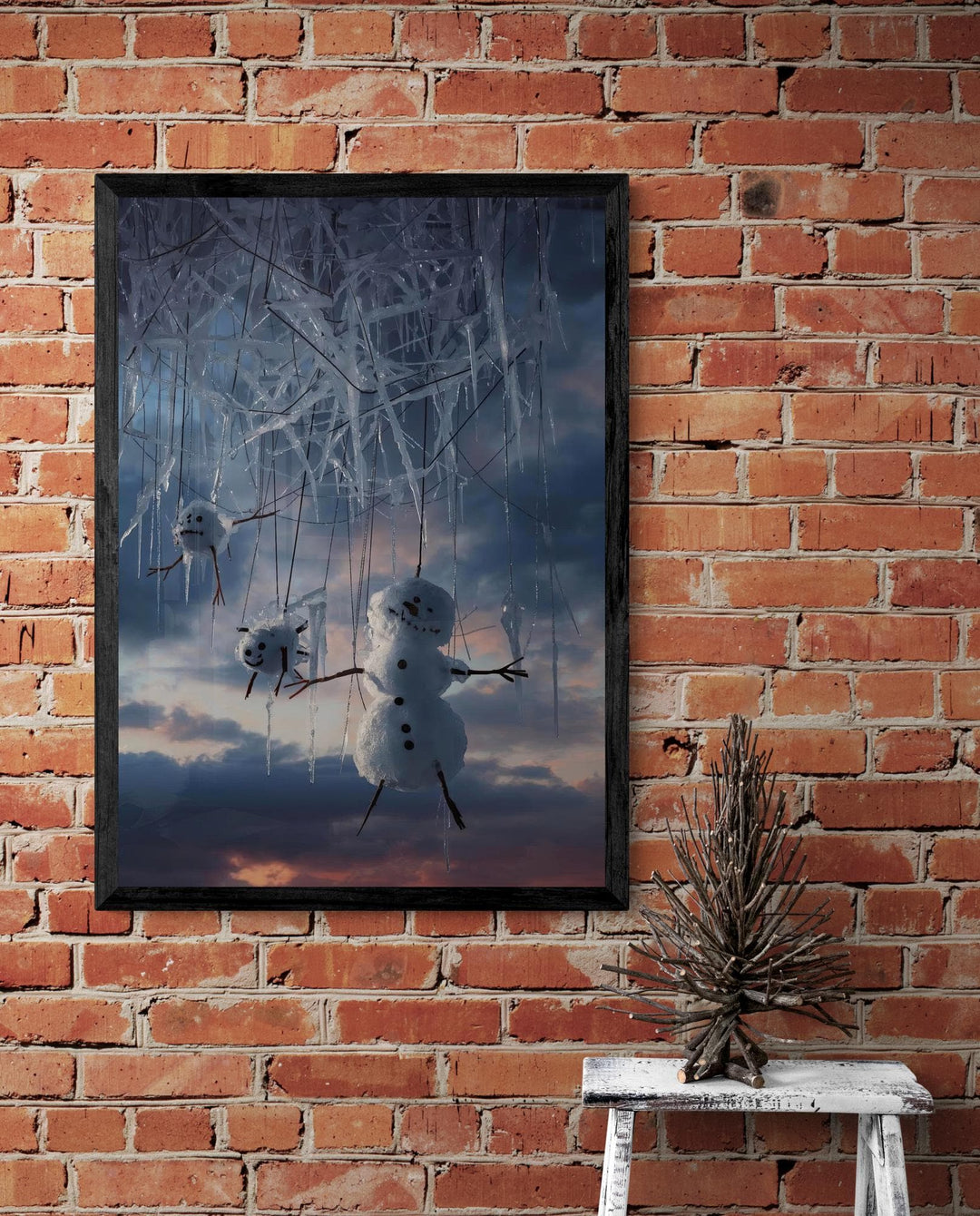 Weirdcore snowman poster with surreal winter marionette scene. Creepy cute holiday wall art for fans of dark whimsical decor.