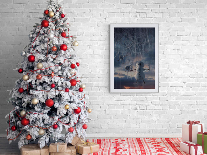 Weirdcore snowman poster with surreal winter marionette scene. Creepy cute holiday wall art for fans of dark whimsical decor.
