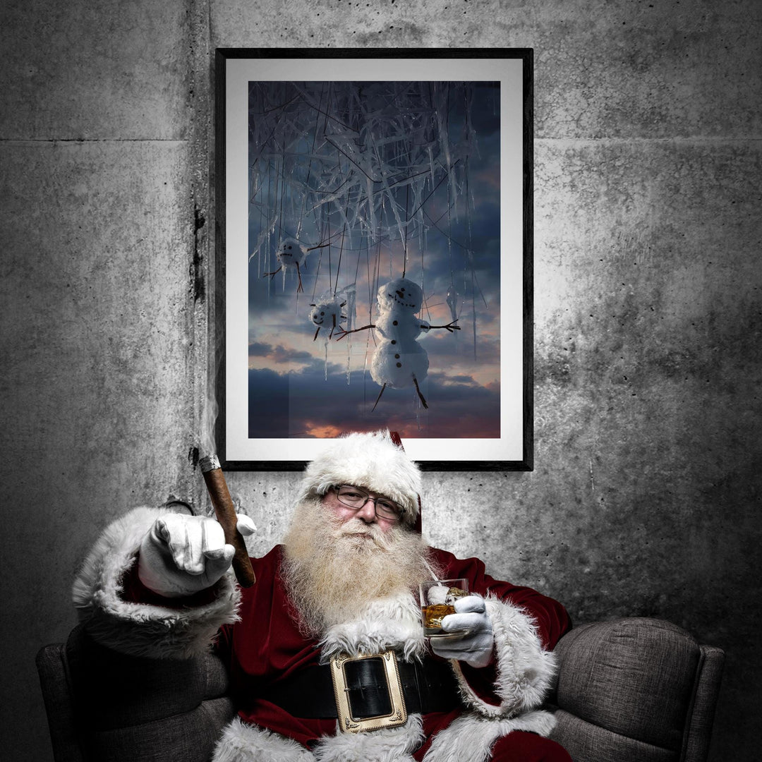 Weirdcore snowman poster with surreal winter marionette scene. Creepy cute holiday wall art for fans of dark whimsical decor.