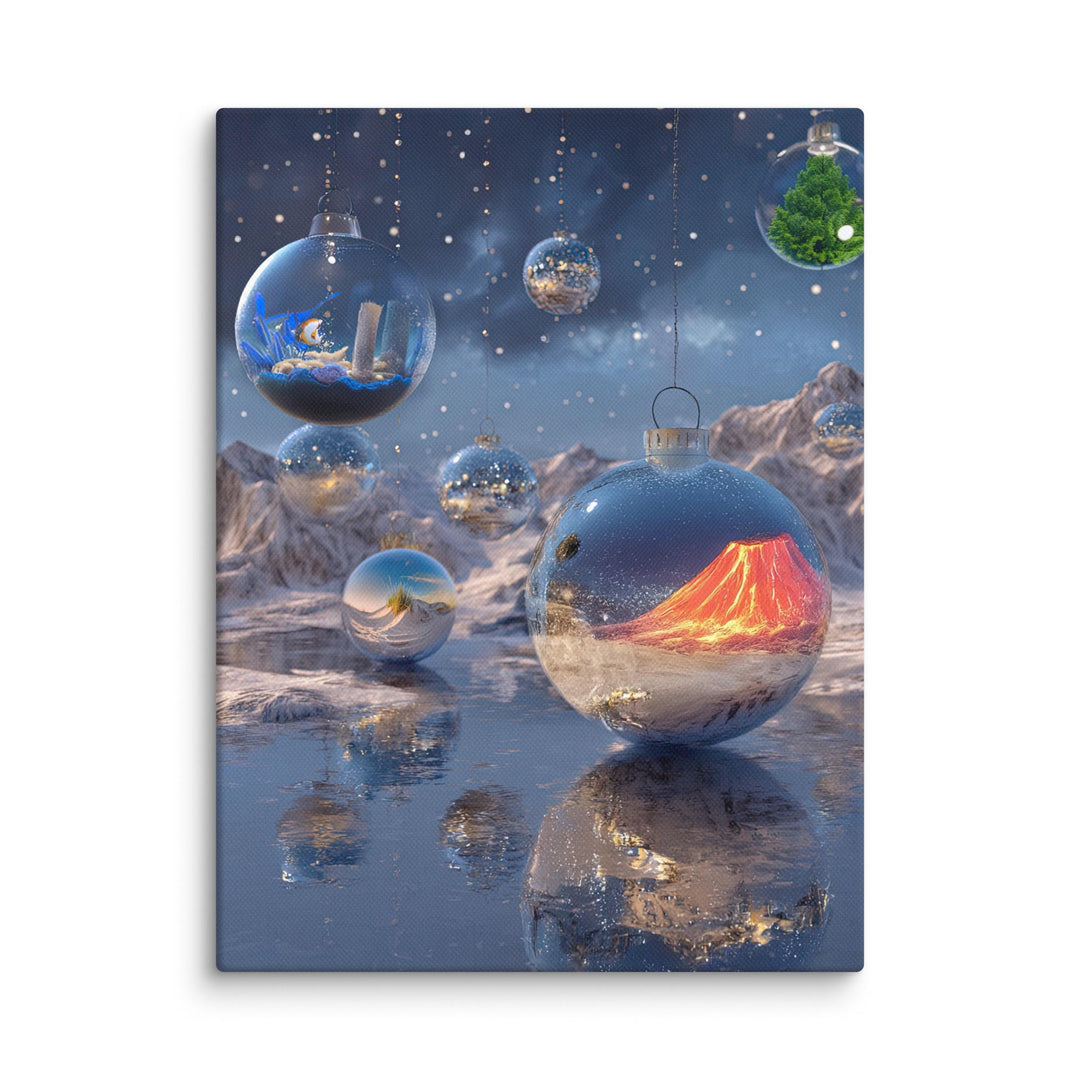 Surreal Ornament Canvas Wall Art | Fantasy Holiday Scene with Glass Globes & Dreamlike Winter Landscape