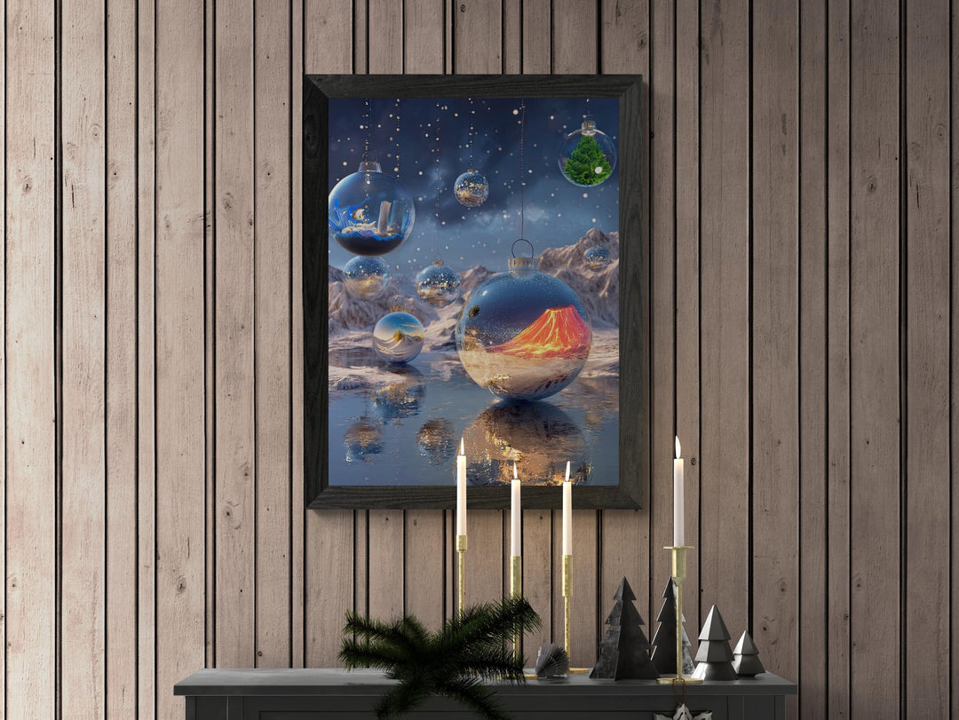 Surreal Ornament Canvas Wall Art | Fantasy Holiday Scene with Glass Globes & Dreamlike Winter Landscape