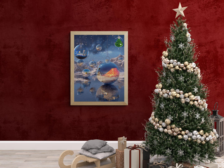 Surreal Ornament Canvas Wall Art | Fantasy Holiday Scene with Glass Globes & Dreamlike Winter Landscape