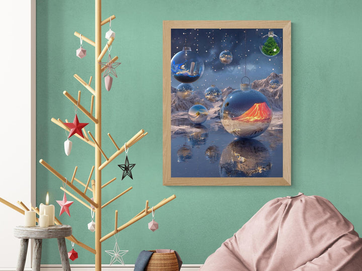 Surreal Ornament Canvas Wall Art | Fantasy Holiday Scene with Glass Globes & Dreamlike Winter Landscape