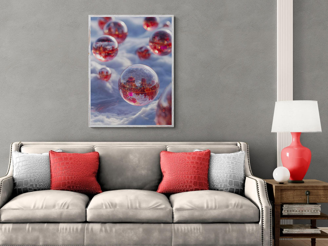 Surreal dreamcore red city inside glowing orbs over snow. Weirdcore fantasy sci-fi canvas wall art for unique and imaginative decor.