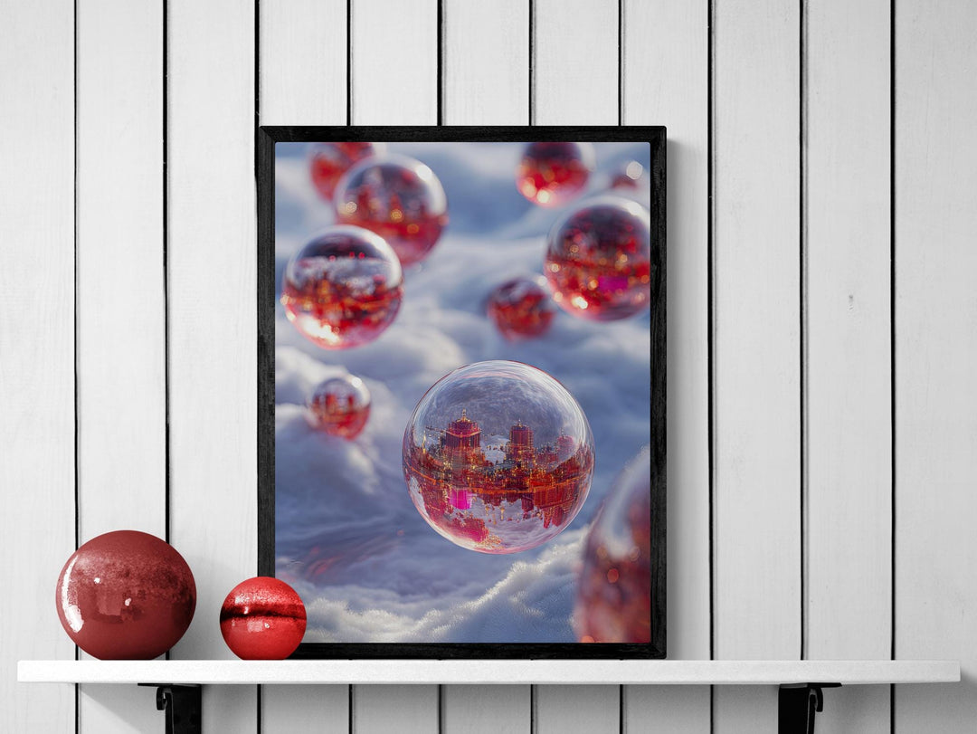 Surreal dreamcore red city inside glowing orbs over snow. Weirdcore fantasy sci-fi canvas wall art for unique and imaginative decor.