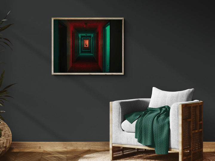 Surreal reindeer Christmas print of reindeer in liminal space hallway with red and green lighting.