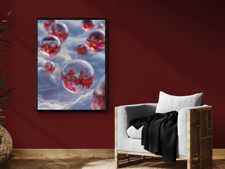 Surreal dreamcore city inside glowing orbs over snow. Weirdcore fantasy sci-fi canvas wall art for unique and imaginative decor.