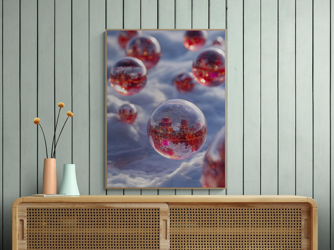 Surreal red dreamcore city inside glowing orbs over snow. Weirdcore fantasy sci-fi canvas wall art for unique and imaginative decor.