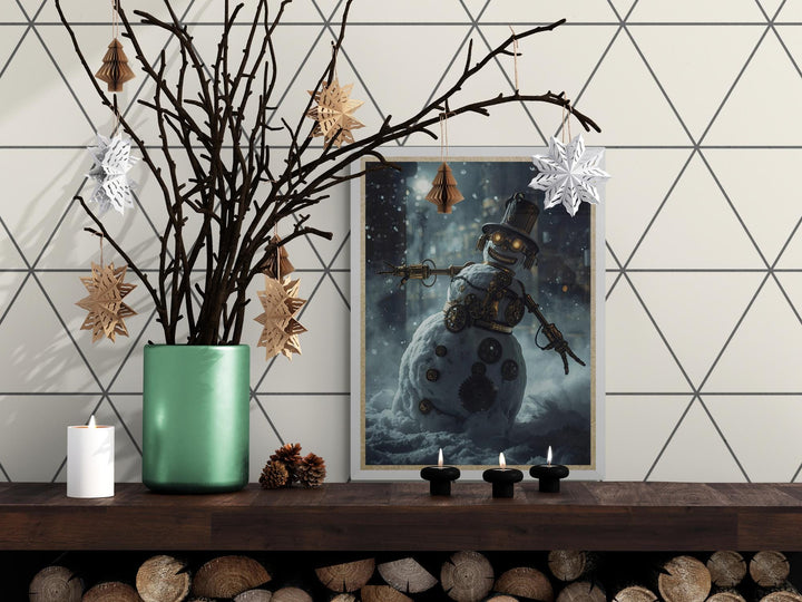 Whimsical steampunk snowman decorated with gears and cogs, wearing a vintage top hat and goggles, in a frosty winter landscape