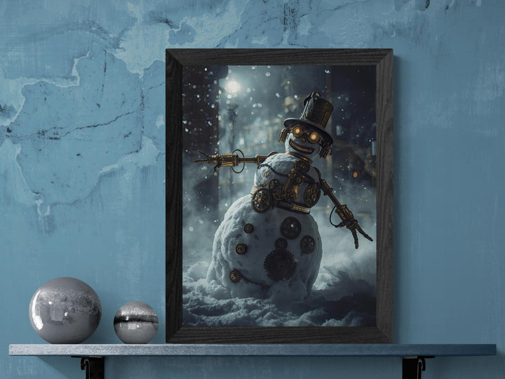 Steampunk snowman with brass goggles, gears, and clockwork details, wearing a top hat and scarf, standing in a snowy Victorian winter scene.