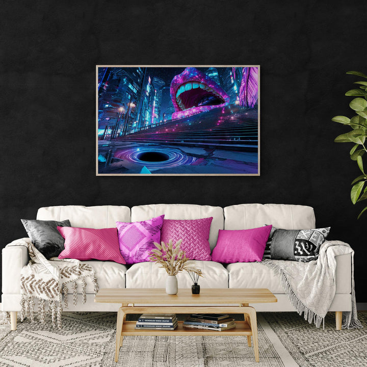 Surreal neon mouth cyberpunk print with galaxy glow—available as gallery wrapped canvas or poster. Sci-fi dreamcore wall art, perfect for weirdcore, futuristic, and trippy aesthetic decor.
