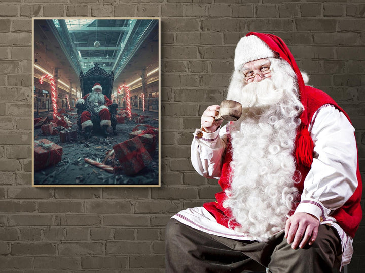 Dark surreal Santa wall art in abandoned mall with candy canes. Perfect for fans of weirdcore and liminal spaces.