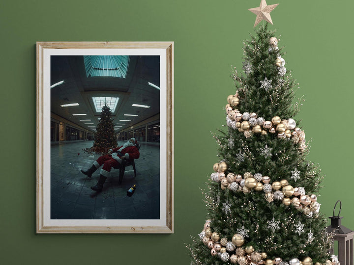Weirdcore Santa in abandoned mall passed out in his chair drunk.