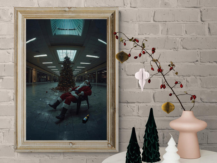 Weirdcore Santa in abandoned mall passed out in his chair drunk.