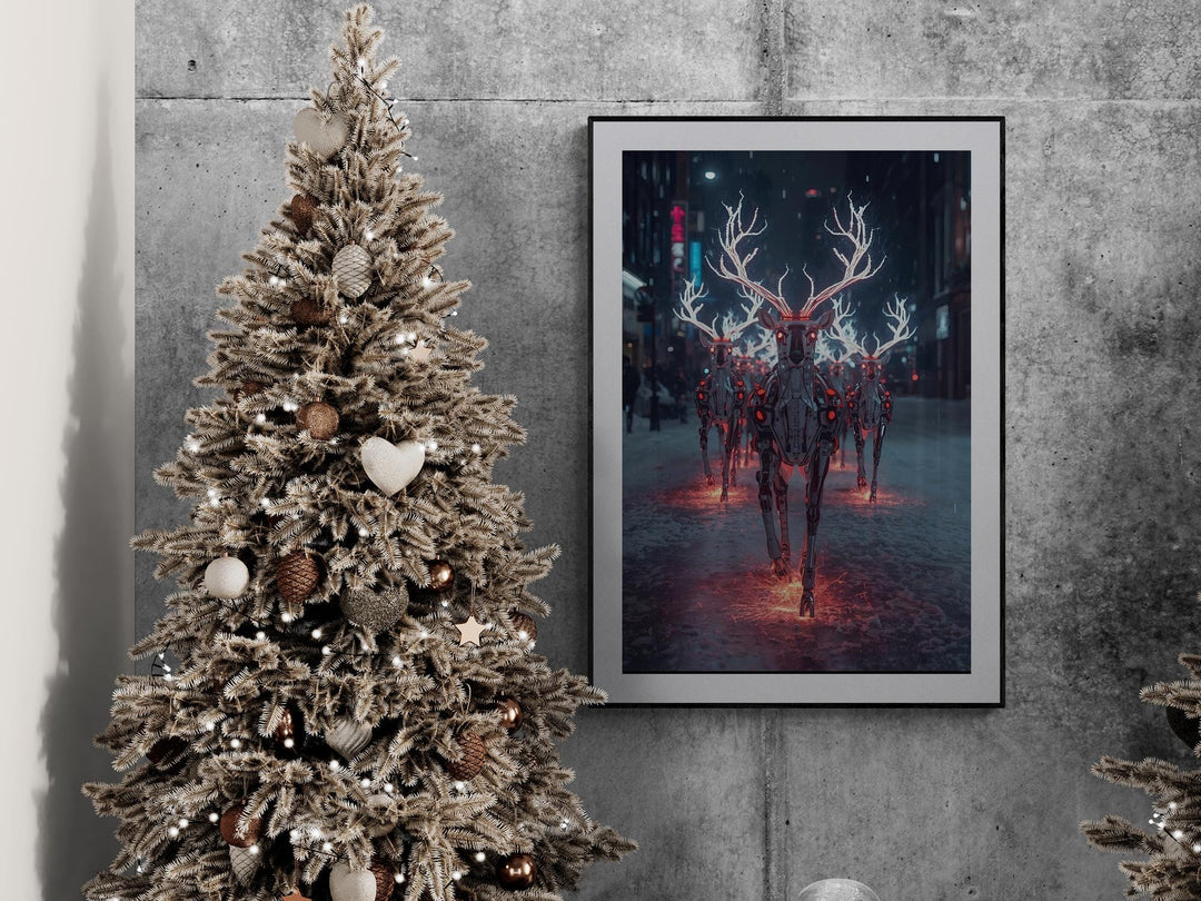 Cyberpunk Christmas poster of robotic reindeer with glowing antlers in neon winter city, giclée printed on matte paper, futuristic holiday wall art.
