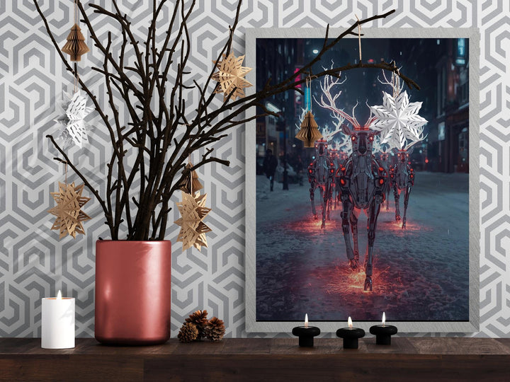 Cyberpunk Christmas poster of robotic reindeer with glowing antlers in neon winter city, giclée printed on matte paper, futuristic holiday wall art.
