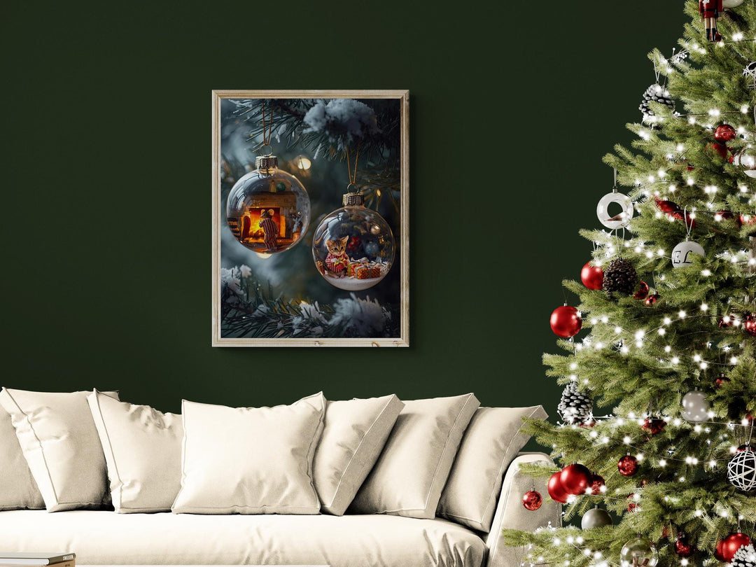 Christmas ornament artwork of a cozy fireplace mouse scene in glass bauble, warm festive lights glowing on tree.