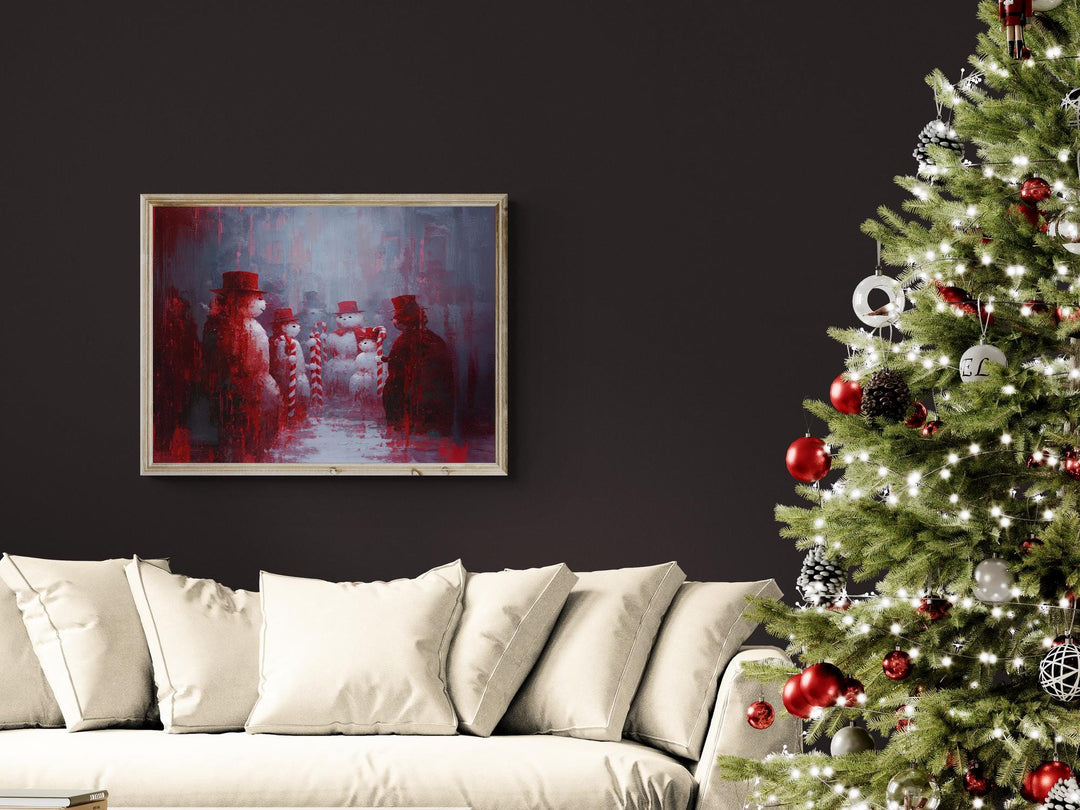 Holiday wall art of whimsical snowman group in top hats, surreal winter gathering with candy canes and painterly style.