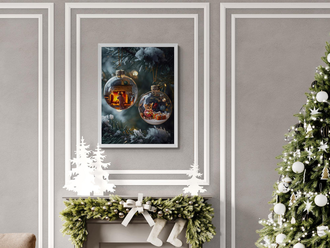 Christmas ornament artwork of a cozy fireplace mouse scene in glass bauble, warm festive lights glowing on tree.