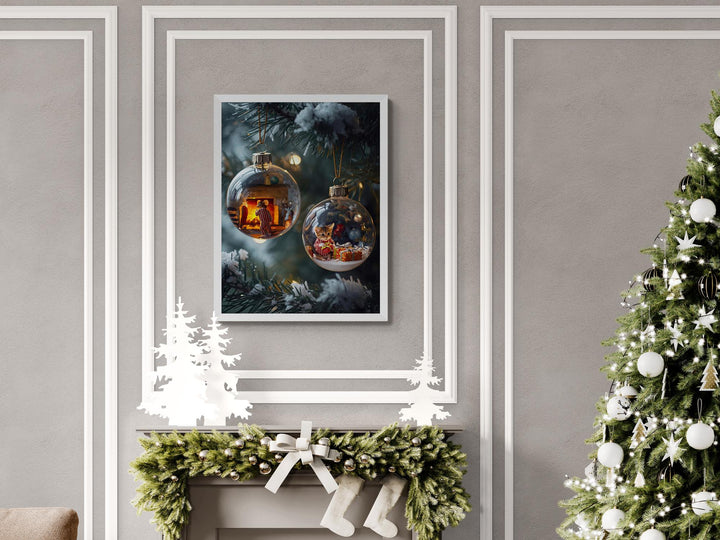 Christmas ornament artwork of a cozy fireplace mouse scene in glass bauble, warm festive lights glowing on tree.