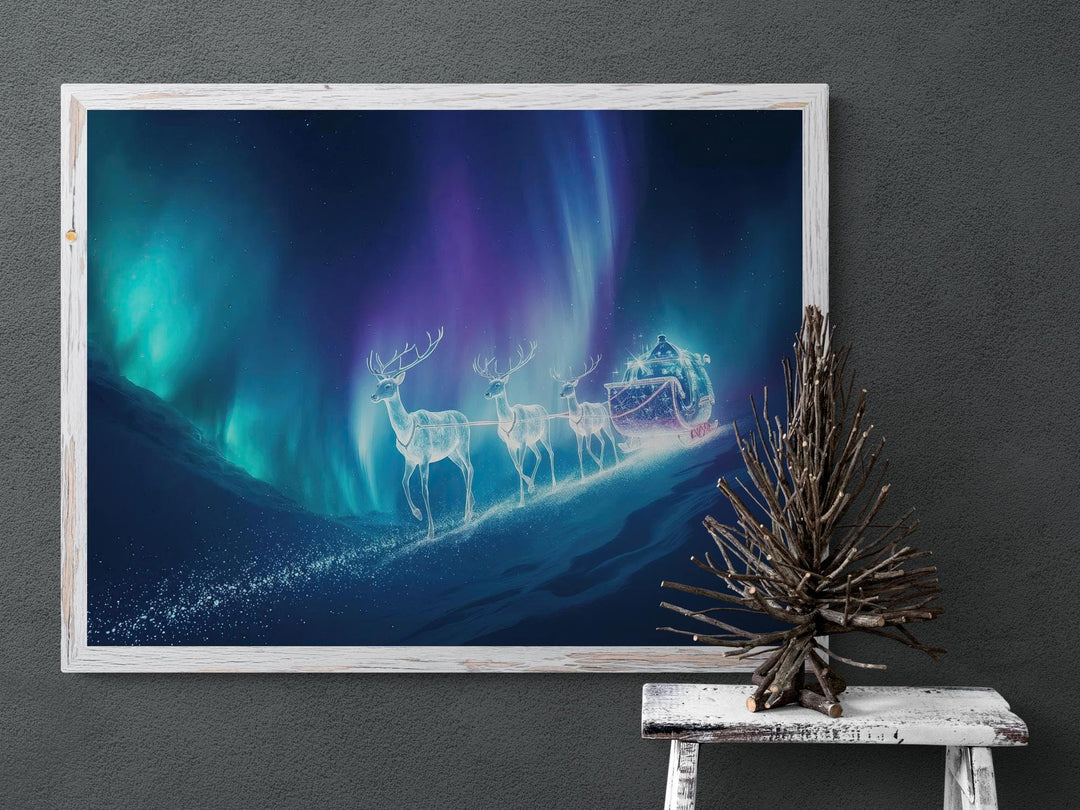 Winter holiday art print of luminous sleigh with reindeer beneath northern lights, surreal festive wall décor.