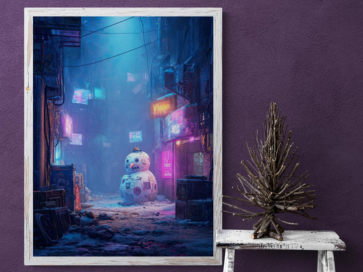Futuristic snowman glowing under neon signs in dystopian city street, cyberpunk holiday wall art.