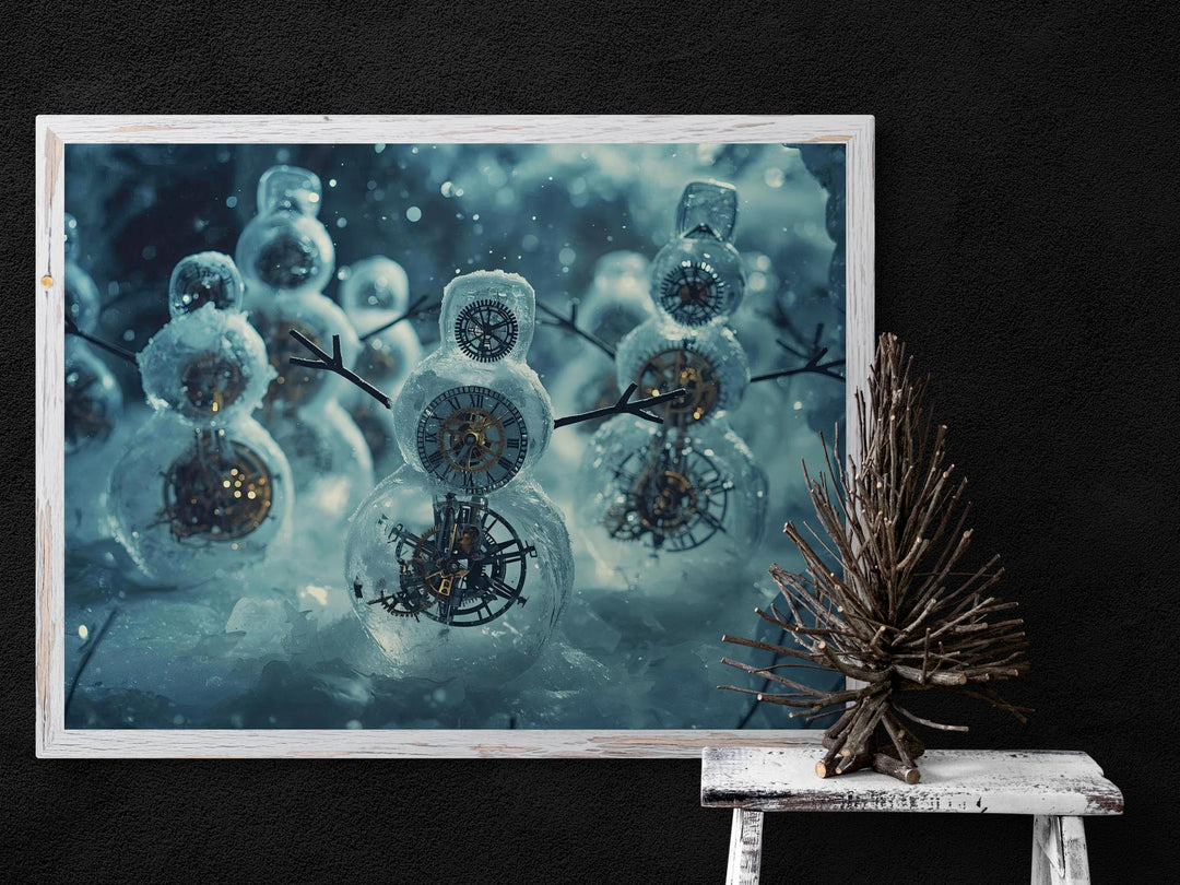 Surreal holiday art of clockwork snowmen with gears and timepieces inside icy bodies, fantasy Christmas décor.
