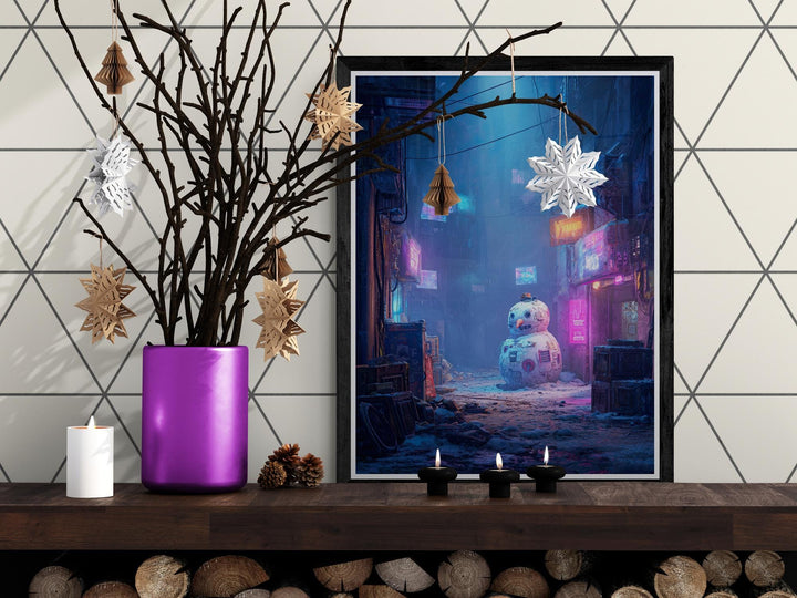 Cyberpunk artwork of robotic snowman in neon-lit futuristic city alley, sci-fi Christmas décor.