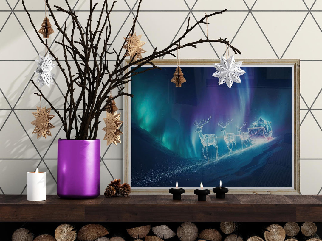Fantasy artwork of glowing reindeer pulling a sleigh under aurora borealis night sky, magical Christmas décor.