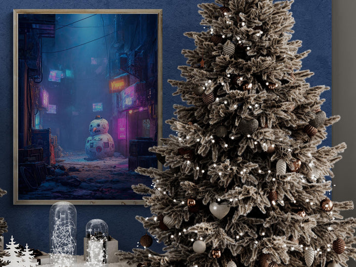 Futuristic snowman glowing under neon signs in dystopian city street, cyberpunk holiday wall art.