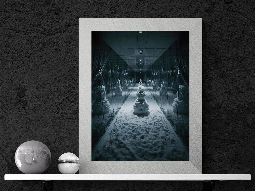 Dark surreal artwork of snowmen in mirrored hallway, eerie winter corridor with snow floor and reflections.