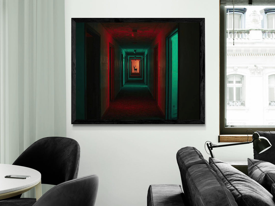 Surreal reindeer Christmas print of reindeer in liminal space hallway with red and green lighting.