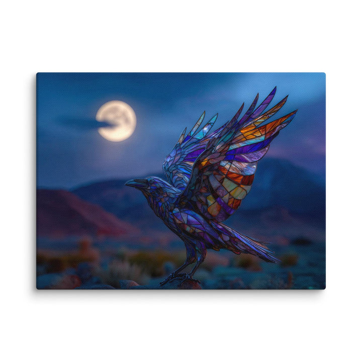 Stained glass raven canvas in horizontal format under glowing full moon, surreal fantasy wall art.