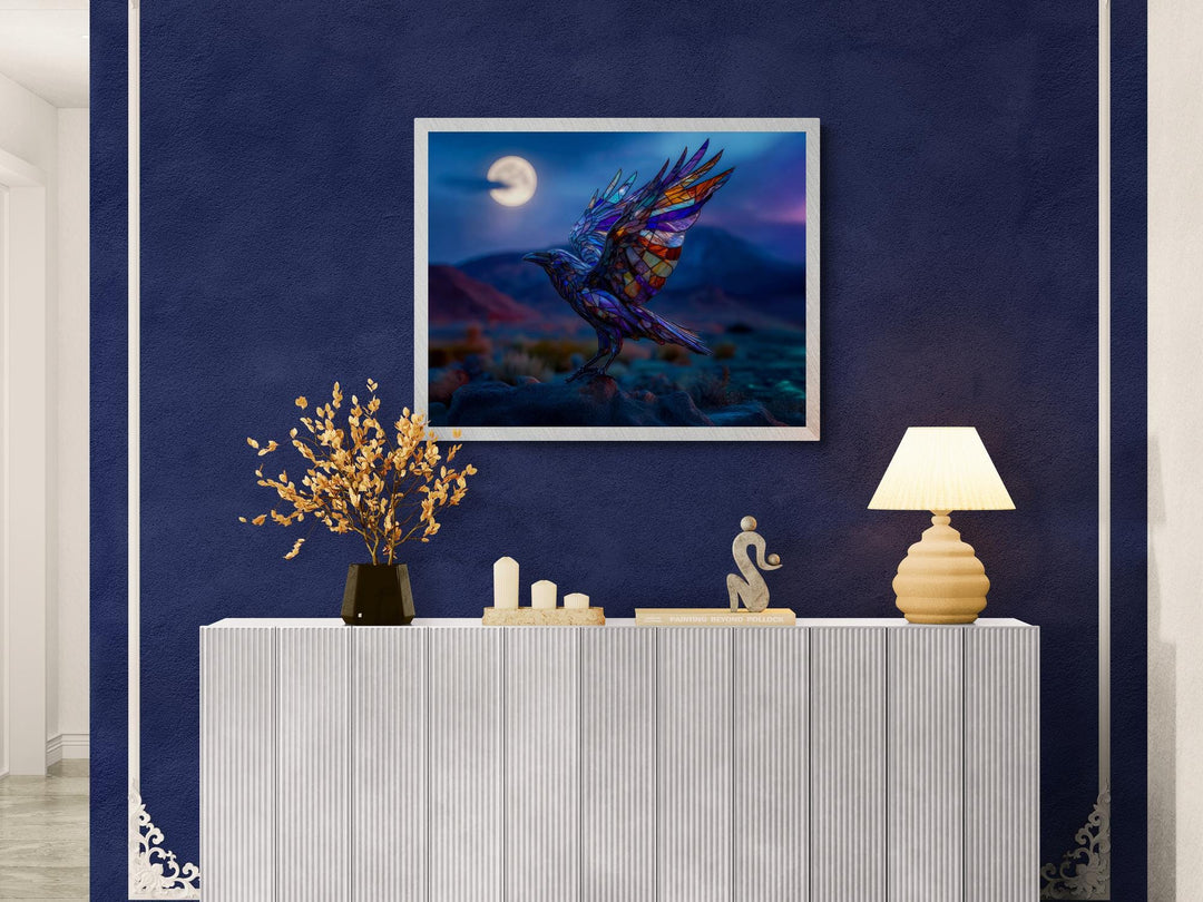 Stained glass raven canvas in horizontal format under glowing full moon, surreal fantasy wall art.