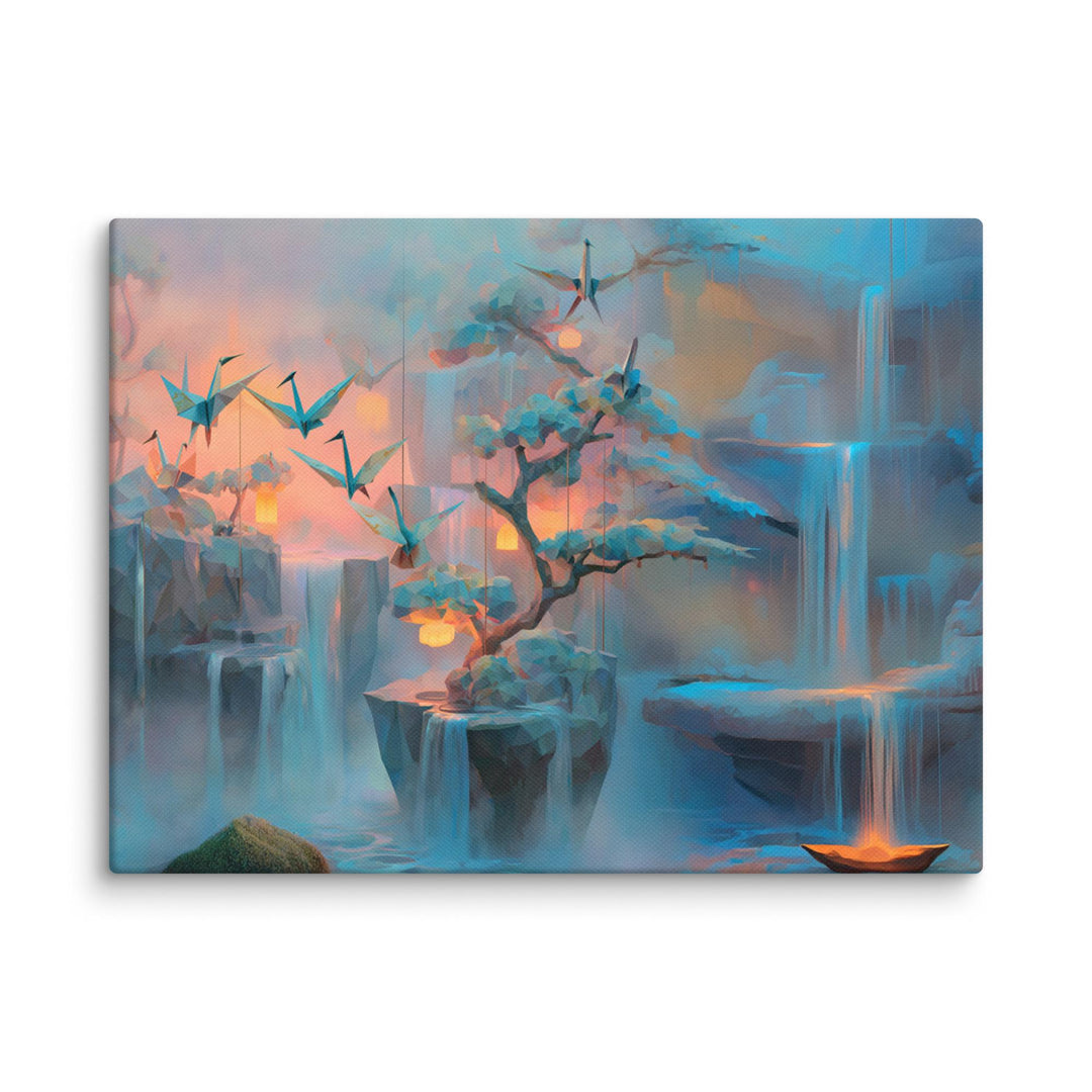Origami cranes flying over glowing waterfalls on horizontal fantasy canvas wall art.
