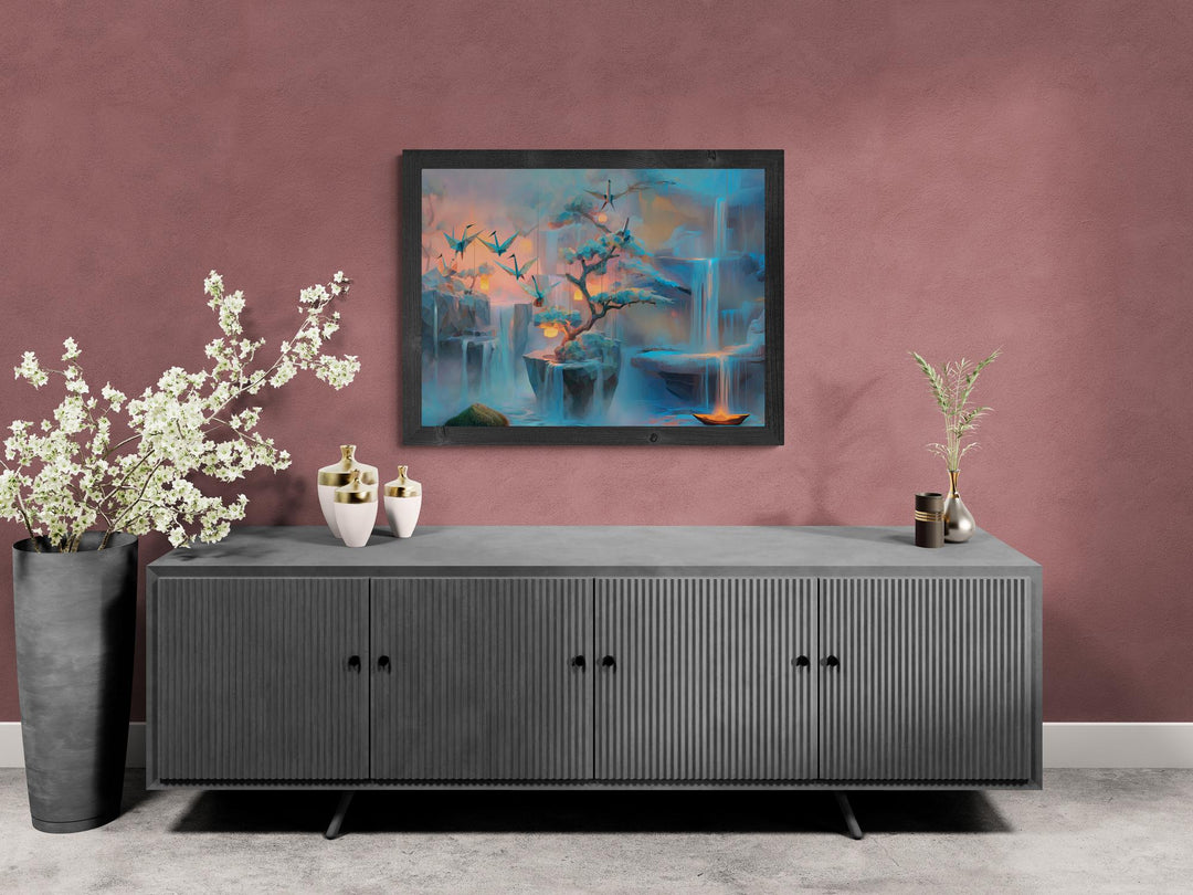 Calming fantasy wall art of origami cranes, waterfalls, and glowing lanterns in dreamlike colors