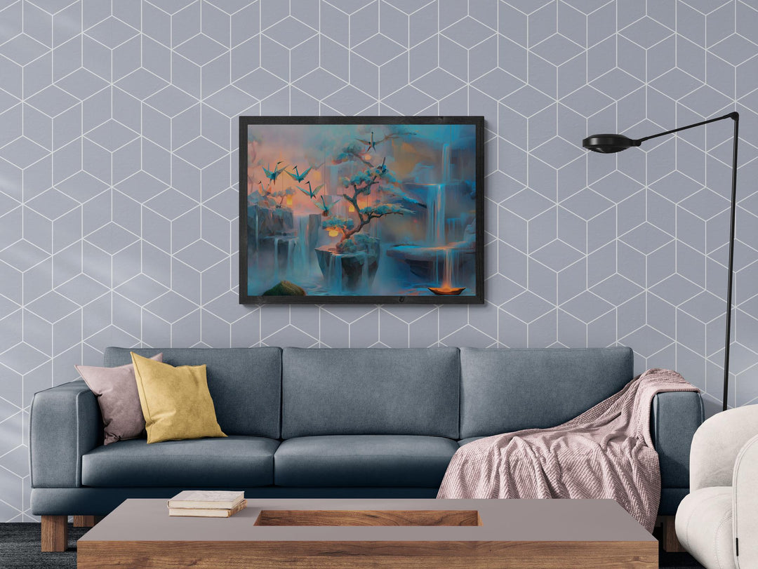 Calming fantasy wall art of origami cranes, waterfalls, and glowing lanterns in dreamlike colors over a sofa.