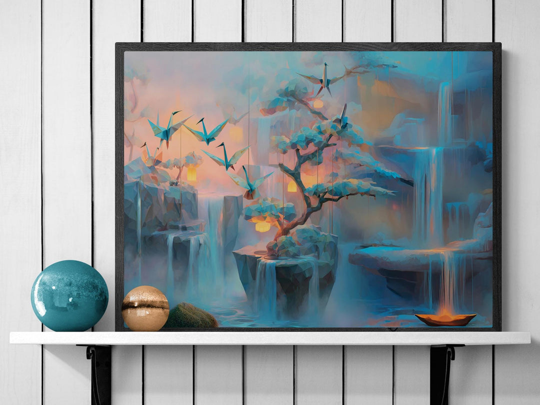 Origami cranes flying over glowing waterfalls on horizontal fantasy canvas wall art.