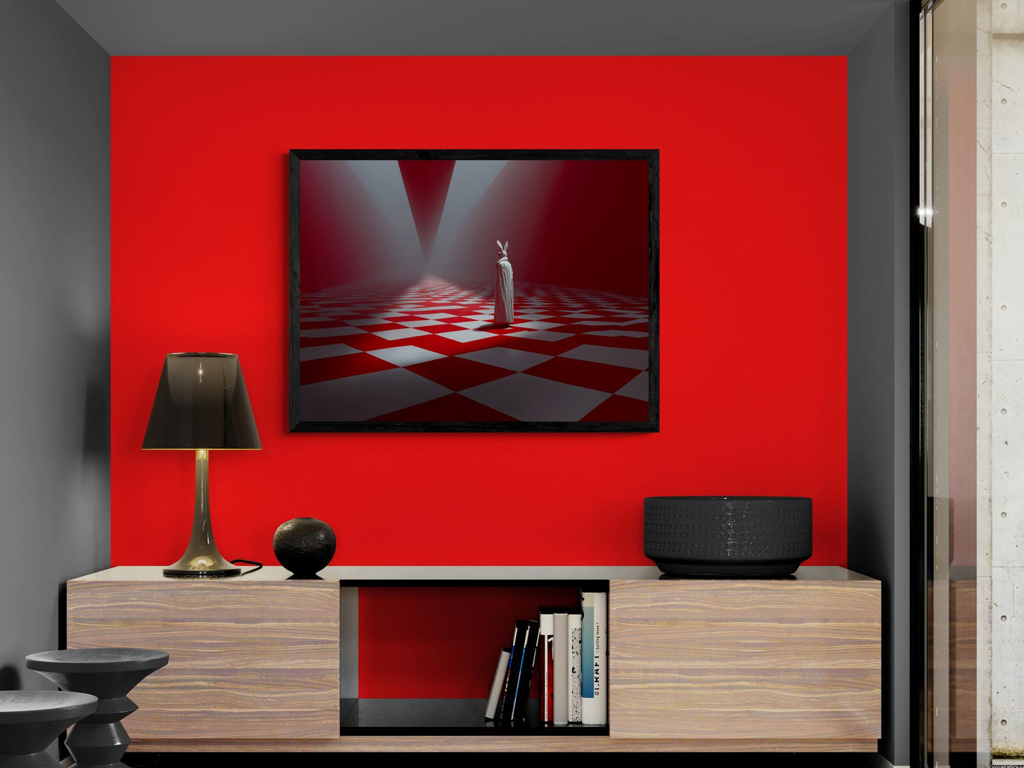 Surreal rabbit figure in white cloak standing on red and white geometric floor.