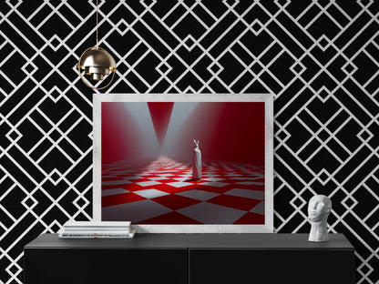 Surreal rabbit figure in white cloak standing on red and white geometric floor.