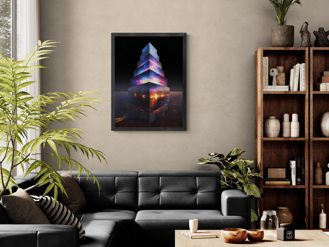 Canvas artwork of surreal galaxy skyscraper glowing with cosmic light and city reflections.