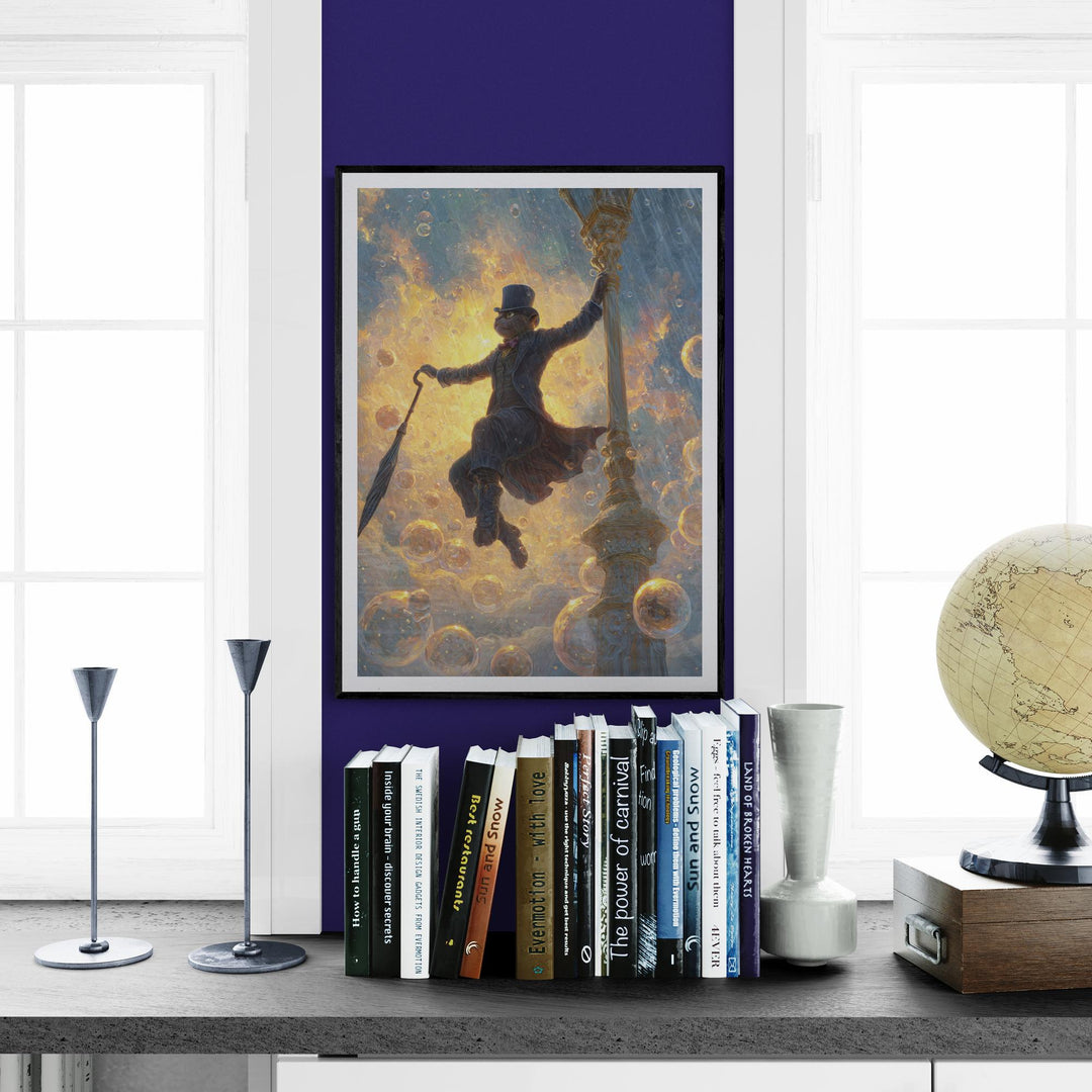 Fantasy poster of anthropomorphic cat with umbrella surrounded by glowing bubbles.