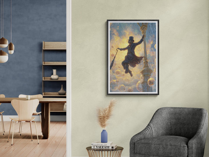 Fantasy poster of anthropomorphic cat with umbrella surrounded by glowing bubbles.