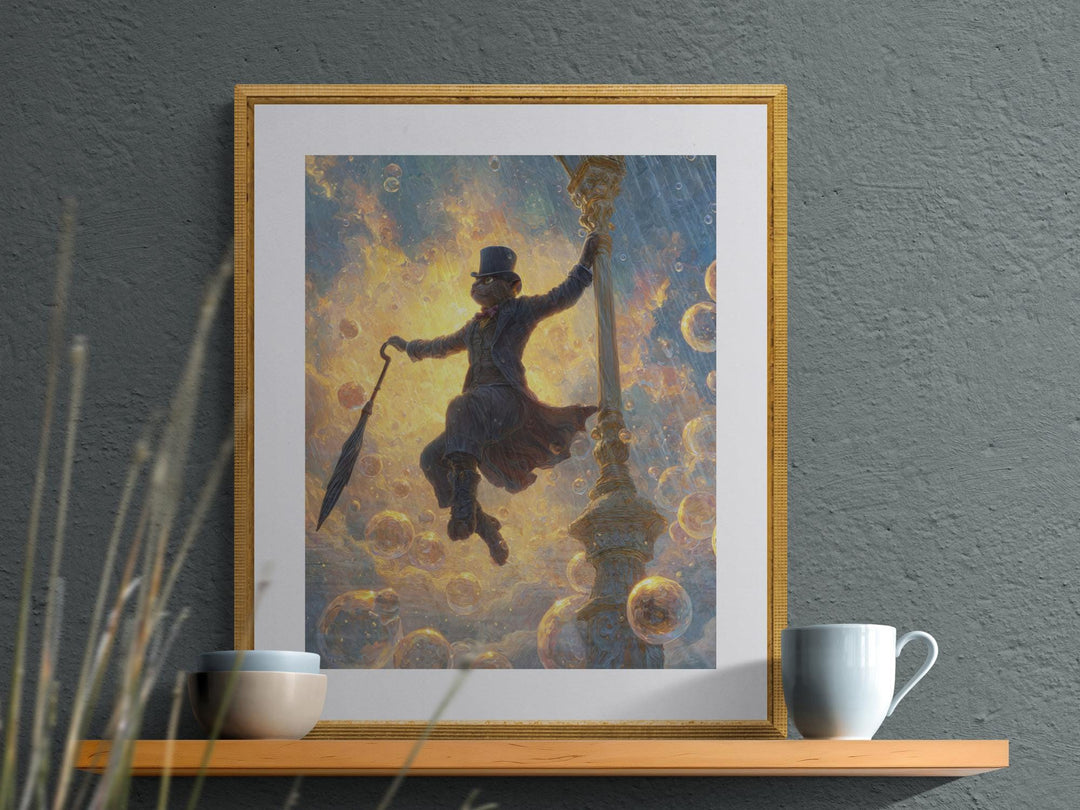 Fantasy poster of anthropomorphic cat with umbrella surrounded by glowing bubbles.