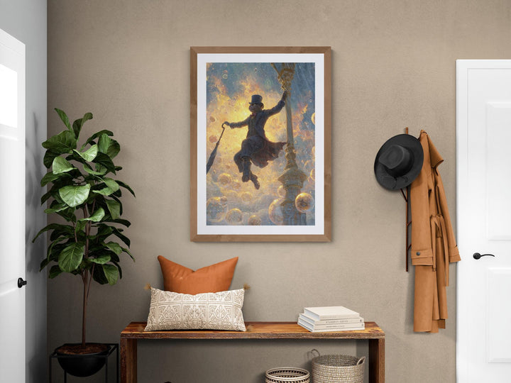 Fantasy poster of anthropomorphic cat with umbrella surrounded by glowing bubbles.