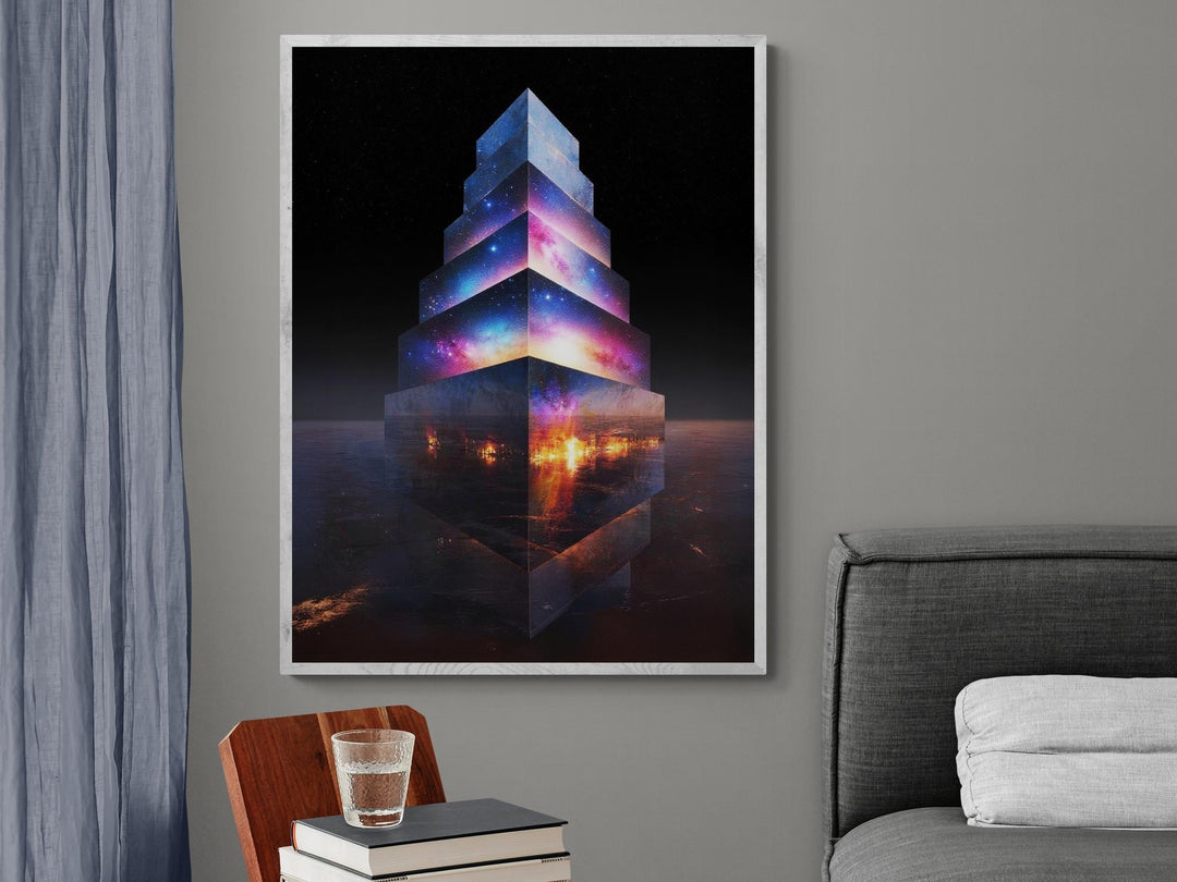 Canvas artwork of surreal galaxy skyscraper glowing with cosmic light and city reflections
