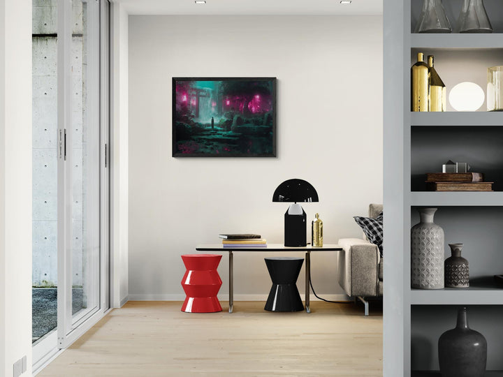 Large cyberpunk waterfall shrine canvas displayed as bold home wall décor