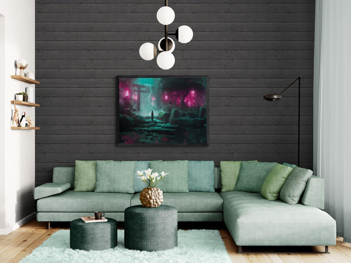 Large cyberpunk waterfall shrine canvas displayed as bold home wall décor